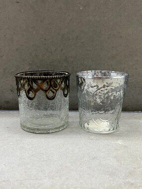 2 Tealight Votive Candle Holders: Crackled Glass Metal Rim & Trim/Speckled Glass